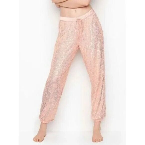 Victorias Secret Sequin Lounge Jogger Pants Womens S Mesh Embellished Barbiecore - Picture 1 of 9